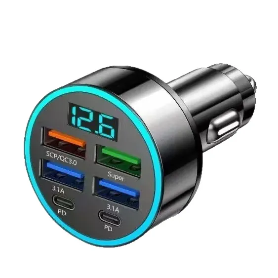 6-Port Car Charger with Voltage Display – Super Fast USB Quick Charge Cigarette Lighter Adapter for Phones, Tablets, and GPS